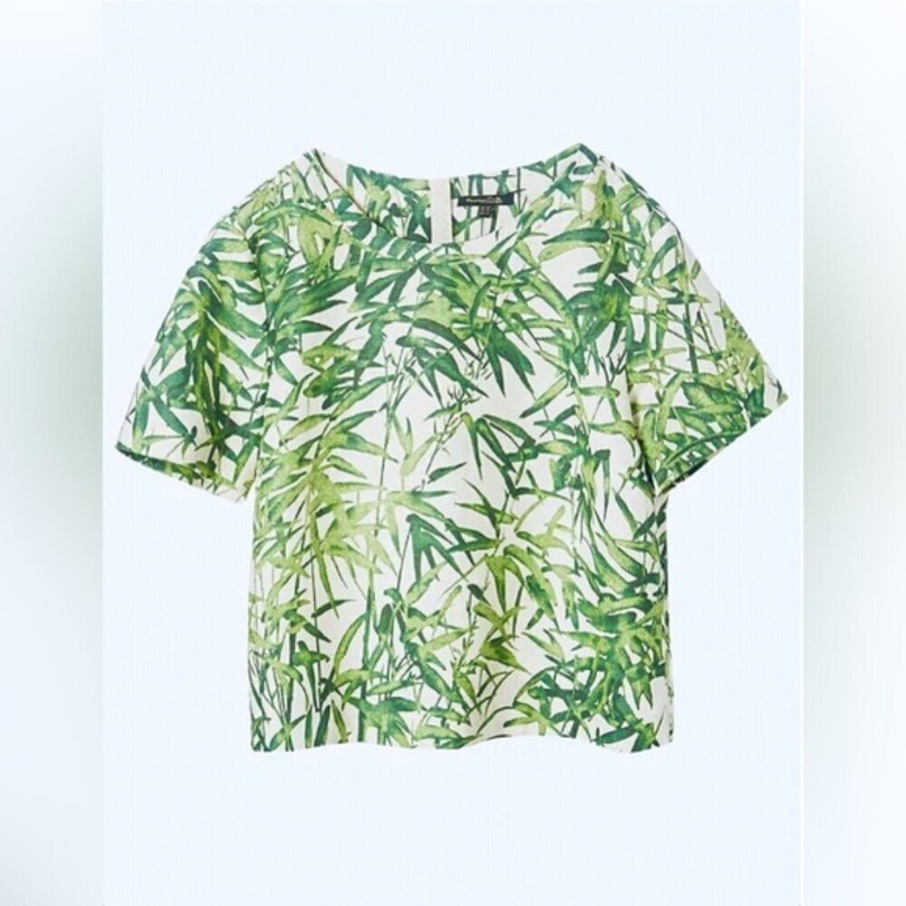 Massimo Dutti Top Women's Size 10 US Tan Linen Tropical Print Short Sleeve Crop - Picture 13 of 13